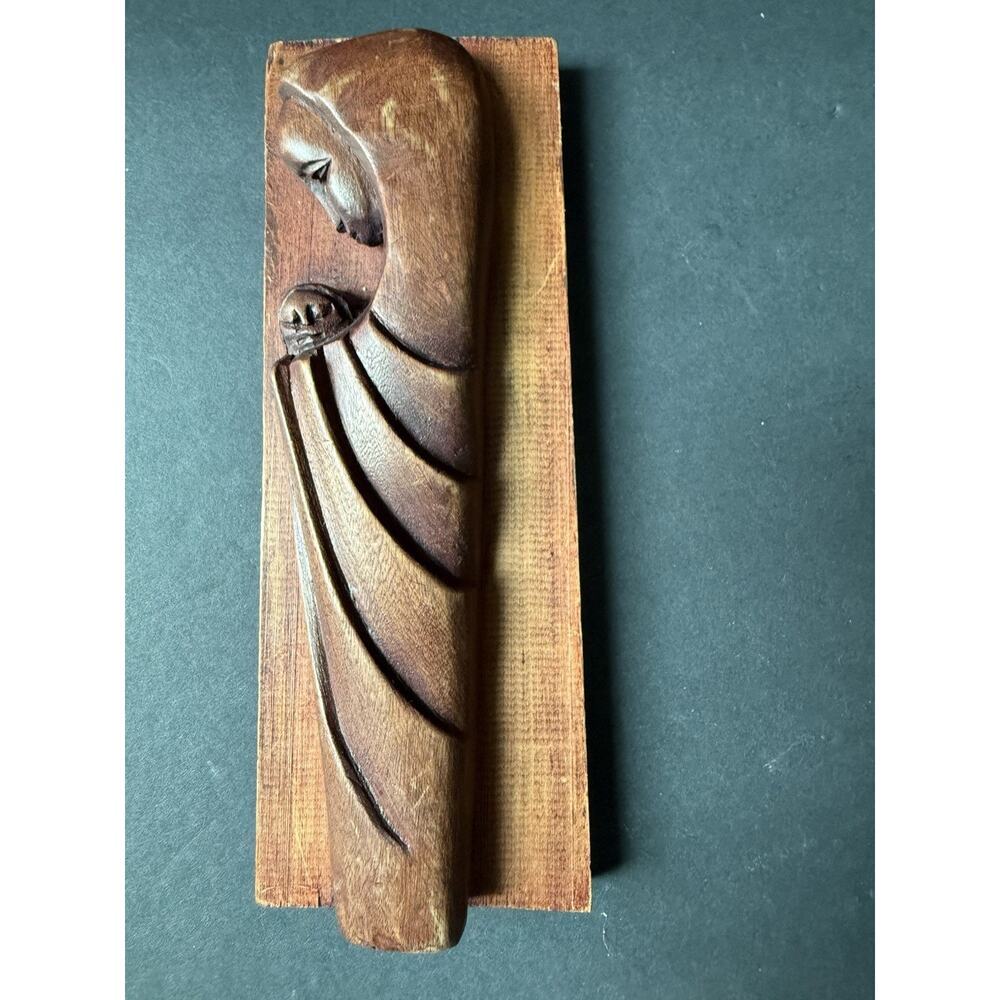 Handcarved Mother And Child Wooden Plaque Handcrafted Madonna Modern MCM
